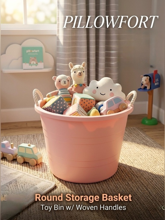 Pillowfort Other - Pillowfort Pink Kids Round Storage Basket Toy Bin Woven Handles Nursery